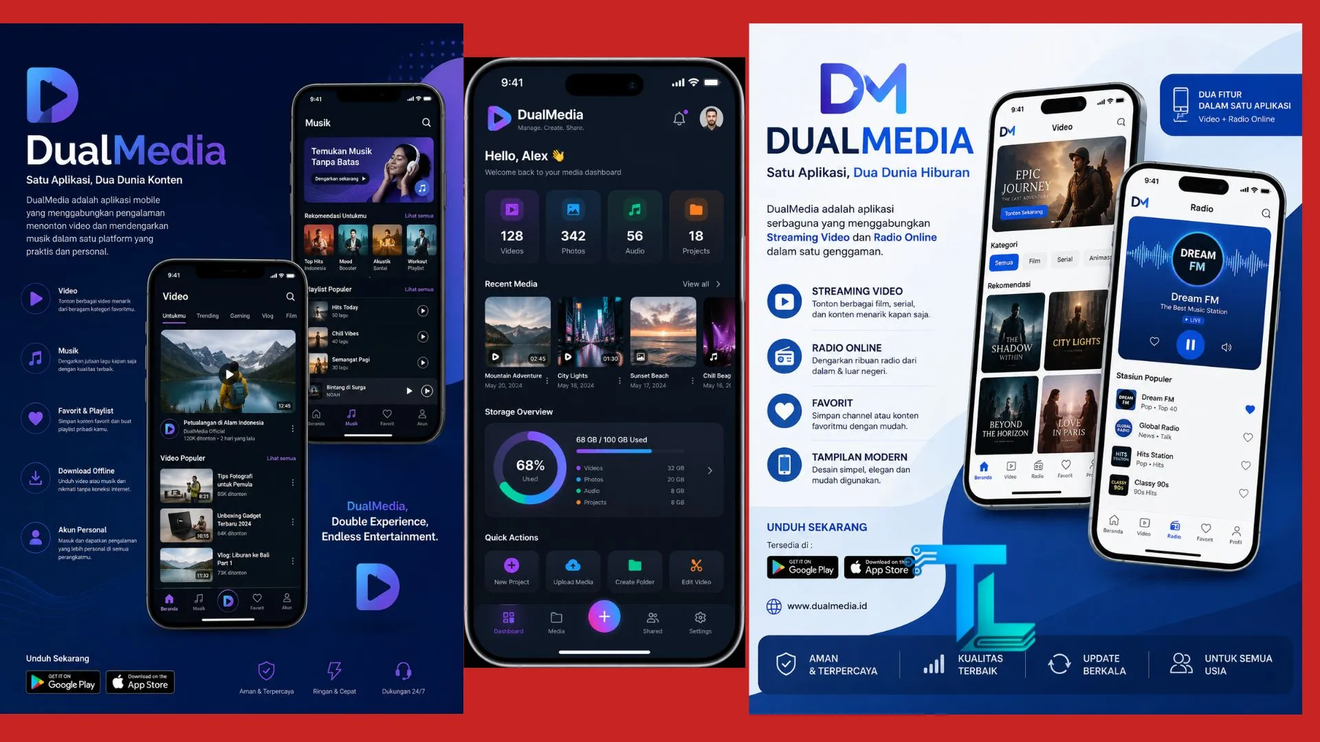 Application mobile DualMedia interface showing media dashboard