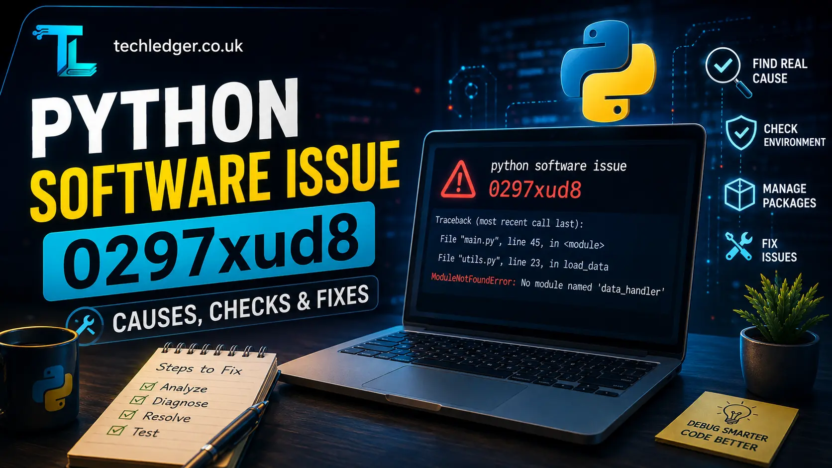 Developer troubleshooting python software issue 0297xud8 using an error traceback and terminal commands